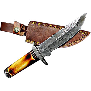 Titan International Knives Damascus Knife / Titan / Camp / Hunting Knife w/  Burnt Bone Handle