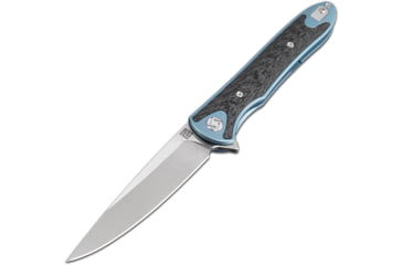 Image of Artisan Cutlery Shark Framelock Folding Knife, 5in Closed, 4in Stonewash S35Vn SS Blade, Blue Anodized Titanium Handle With Carbon Fiber Inlay, Pocket Clip, Metal Gift Tin, Black Nylon Zippered Storage Case, 1707G-BU