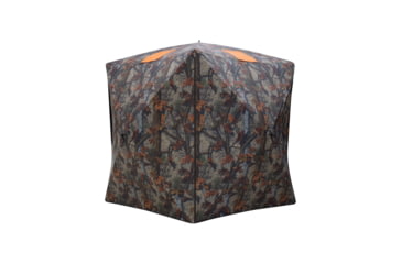 Image of Barronett Blinds Tag Out Hub Hunting Blind with blaze orange safety panels, Bloodtrail Woodland, 3-Person, TA350BT