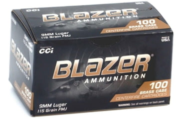 Image of CCI Ammunition Blazer, 9mm Luger, 115 Grain, FMJ, Brass Case, Centerfire Pistol Ammo, 100 Rounds Box, 51991BB