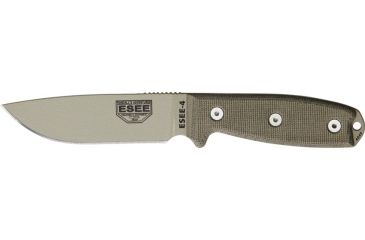 Image of Esee Mdl 4 Plain Edge Fxd Knife, 4.5in, Desert Tan Steel, OD Green Canvas Micarta Hdl,pommel, Sheath, Clip plate ES4PMBDT