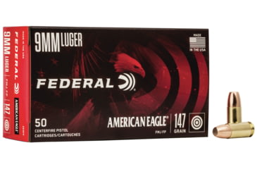 Federal Premium American Eagle Handgun 9mm Luger 147 Grain Full Metal Jacket Brass Cased Centerfire Pistol Ammunition, 50, FMJ