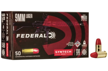 Federal Premium Syntech PCC 9mm Luger 130 Grain Syntech Jacket Flat Nose Brass Cased Centerfire Pistol Ammunition, 50