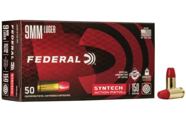 Image of Federal Premium Syntech Action Pistol 9mm Luger 150 Grain Syntech Jacket Flat Nose Brass Cased Centerfire Pistol Ammo, 50 Rounds, AE9SJAP1