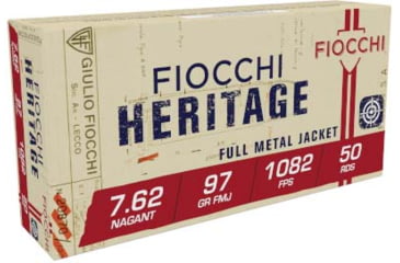 Image of Fiocchi Heritage 7.62 Nagant 97 Grain FMJ Brass Cased Centerfire Rifle Ammo, 50 Rounds, 762A