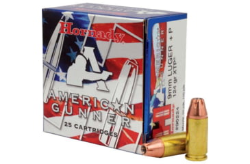 Image of Hornady American Gunner 9 mm Luger +P 124 grain eXtreme Terminal Performance Brass Cased Centerfire Pistol Ammo, 25 Rounds, 90224