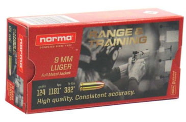 Norma Range Training FMJ 9mm Luger 124 Grain Full Metal Jacket Brass Cased Centerfire Pistol Ammunition, 50, FMJ