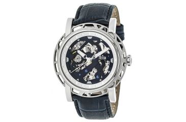 Image of Reign Mens Stavros Automatic Skeleton Dial Crocodile-Embossed Leather Strap Watch Silver Bezel, Silver/Circle-shaped Case, Navy/analog Dial, Silver Hands REIRN3702