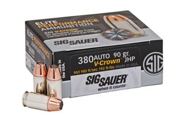 Image of SIG SAUER Elite V-Crown .380 ACP 90 Grain Jacketed Hollow Point Brass Cased Centerfire Pistol Ammo, 20 Rounds, E380A1-20