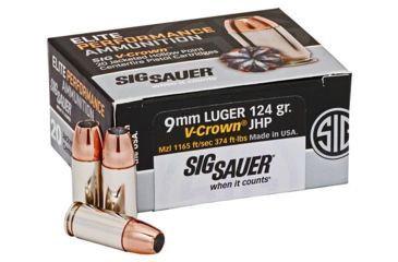 Image of SIG SAUER Elite V-Crown 9mm Luger 124 Grain Jacketed Hollow Point Brass Cased Centerfire Pistol Ammo, 20 Rounds, E9 mmA2-20