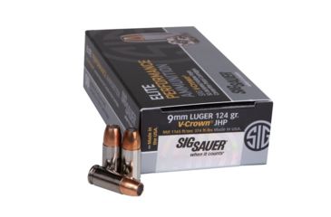 Image of SIG SAUER Elite V-Crown 9mm Luger 124 Grain Jacketed Hollow Point Brass Cased Centerfire Pistol Ammo, 50 Rounds, E9 mmA2-50