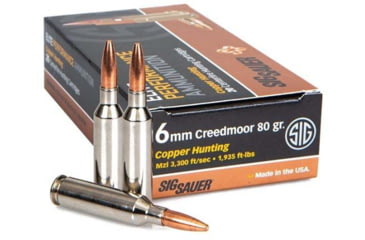 SIG SAUER SIG Hunting Rifle Ammunition 6mm Creedmoor 80 grain Hunting Tipped Brass Cased Centerfire Rifle Ammunition, 20, SBT