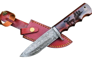 Image of Titan International Knives TD-710 Hunting Fixed Blade Knives, 5in, High Carbon Damascus Steel, Straight Edge, Buck Engraved Walnut Scales Handle, TD-710