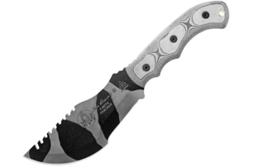 Image of TOPS Knives Tom Brown Tracker Camo Knife, 6.38 camo finish sawback 1095HC steel blade, Black linen micarta handle, TBT-010-CAMO