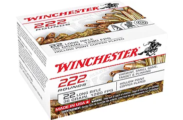 Winchester 222 .22 Long Rifle 36 grain Copper Plated Hollow Point Rimfire Ammunition, 222, JHP