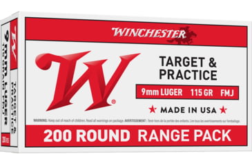 Image of Winchester USA 9mm Luger 115 Grain Full Metal Jacket Brass Cased Centerfire Pistol Ammunition, 200 Rounds, USA9WY