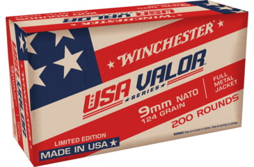 Winchester USA VALOR 9 mm NATO 124 grain Full Metal Jacket (FMJ) Brass Centerfire Pistol Ammunition, 200, FMJ