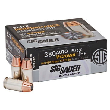 Sig Sauer V Crown Ammo 380 Acp 90 Grain Jacketed Hollow Point Brass Cased Centerfire Pistol Ammunition W Free Shipping And Handling