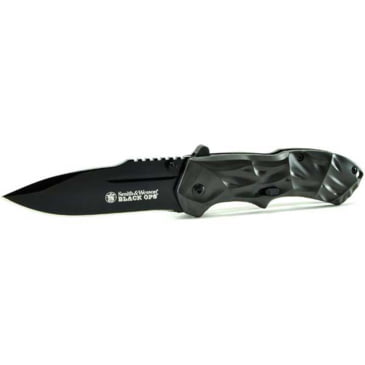 S/&W Black Ops MAGIC Assisted 3.4/" Black Combo Drop Point Blade Handles Alum