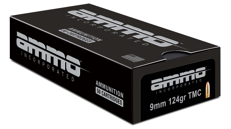 Ammo, Inc. 9mm Luger 124 Grain Total Metal Case Brass Cased Centerfire Pistol Ammo, 50 Rounds, 9124TMC-A50