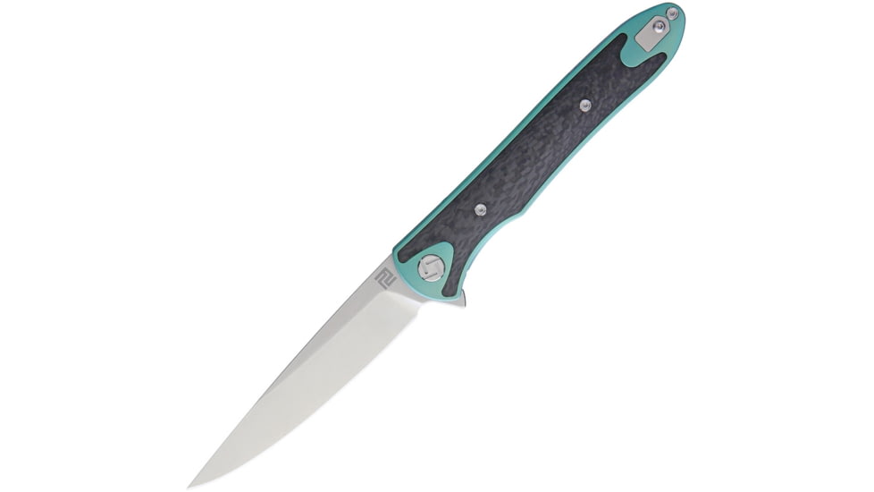 Artisan Cutlery Shark Framelock Folding Knife, 5in Closed, 4in Stonewash S35Vn SS Blade, Green Anodized Titanium Handle With Carbon Fiber Inlay, Pocket Clip, Metal Gift Tin, Black Nylon Zippered Storage Case, 1707G-GN