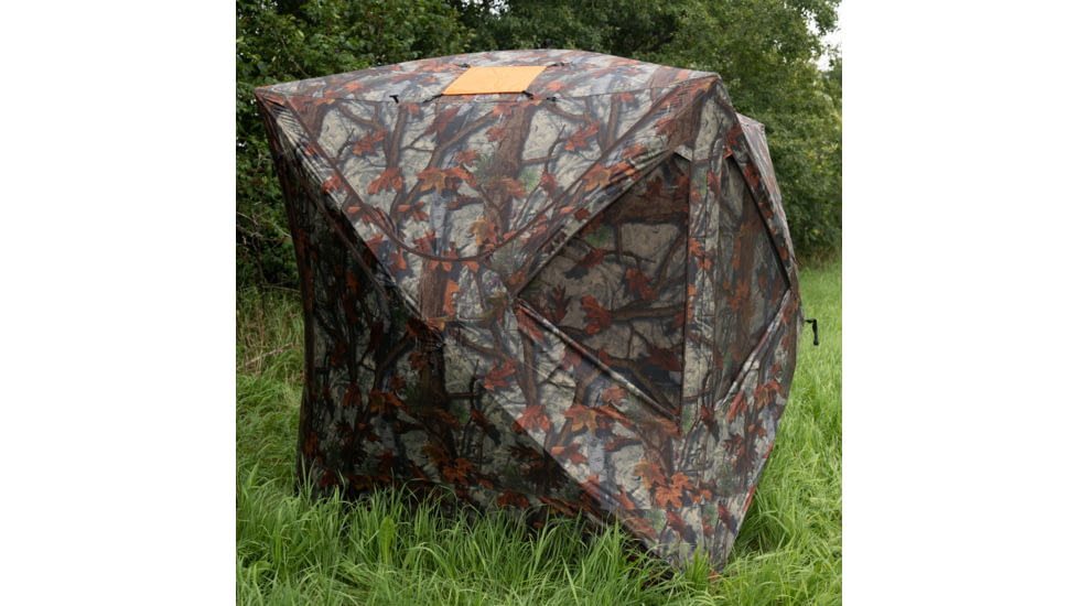 Barronett Blinds Tag Out Hub Hunting Blind with blaze orange safety panels, Bloodtrail Woodland, 3-Person, TA350BT
