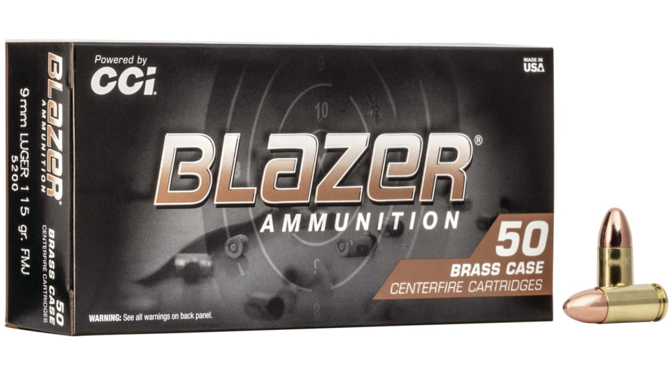 CCI Ammunition Blazer, 9mm Luger, 115 Grain, FMJ, Brass Case, Centerfire Pistol Ammo, 50 Rounds, 5200