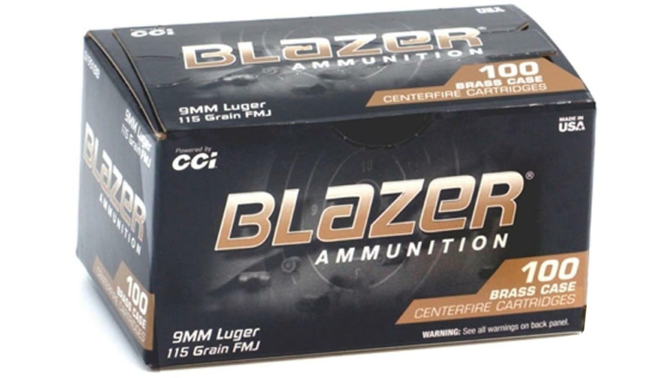 CCI Ammunition Blazer, 9mm Luger, 115 Grain, FMJ, Brass Case, Centerfire Pistol Ammo, 100 Rounds Box, 51991BB