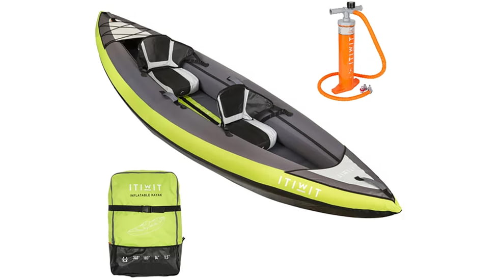 Decathlon Itiwit Inflatable Recreational Sit-on Kayak with Pump, Green, 2 Person, 4422479