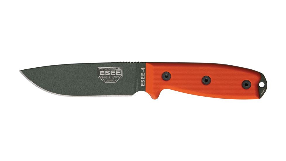 Esee Mdl 4 Plain Edge Fxd Knife, 4.5in, Foliage Green Steel, Orange G10 Hdl,pommel,Sheath, Clip plate ES4PMBOD
