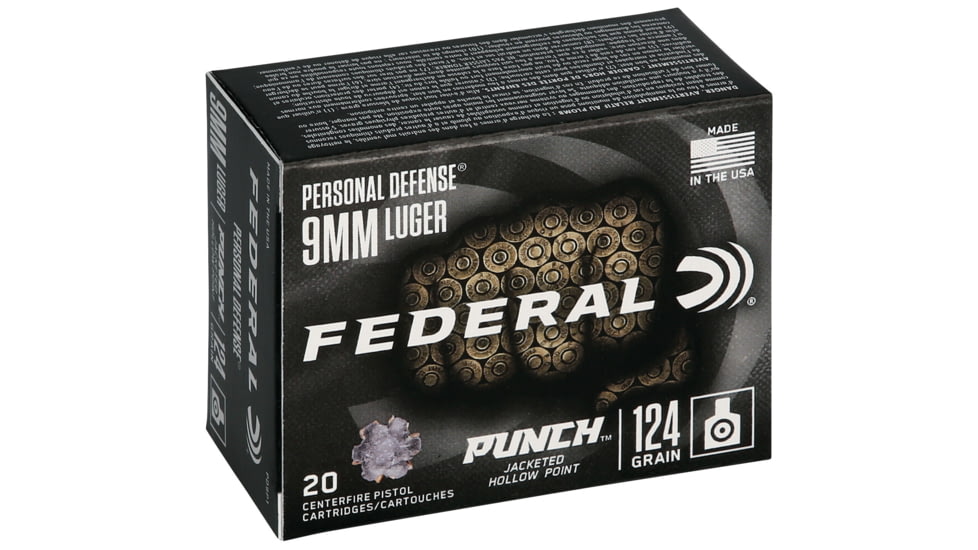 Federal Premium Personal Defense 9mm Luger 124 Grain Jacketed Hollow Point Brass Cased Centerfire Pistol Ammo, 20 Rounds, PD9P1