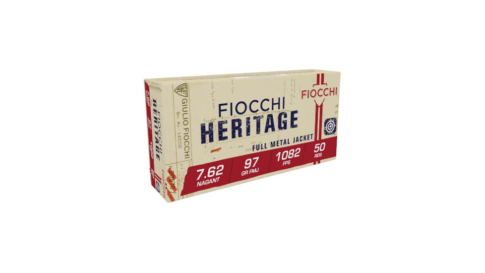 Fiocchi Heritage 7.62 Nagant 97 Grain FMJ Brass Cased Centerfire Rifle Ammo, 50 Rounds, 762A
