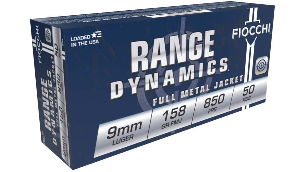 Fiocchi Range Dynamics 9mm Luger 158 Grain FMJ Brass Cased Centerfire Pistol Ammo, 50 Rounds, 9APE