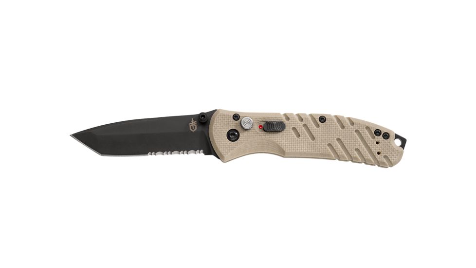 EDEMO Gerber Propel Automatic Folding Knife, S30V, Serrated, Tan Handle, 30-img-0