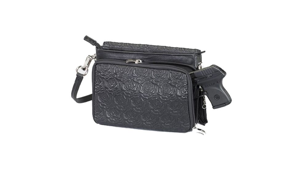 Gun Tote'n Mamas Concealed Carry Embroidered Lambskin Cross-Body Shoulder Bag, Black, 9x7x3.375in 0637210