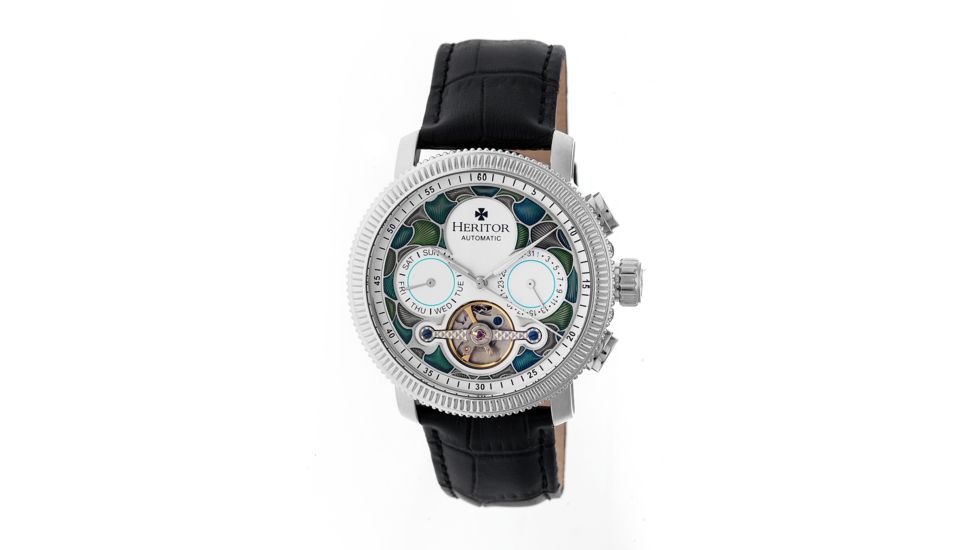 Heritor Aura Leather-Band Watch w/ Day/Date, Silver, Standard HERHR3504