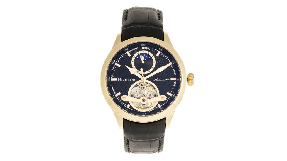 Heritor Automatic Gregory Semi-Skeleton Leather-Band Watch, Gold/Black, One Size, HERHR8104