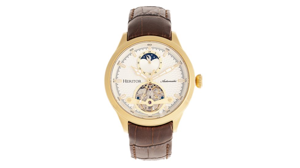 Heritor Automatic Gregory Semi-Skeleton Leather-Band Watch, Gold/Brown, One Size, HERHR8103