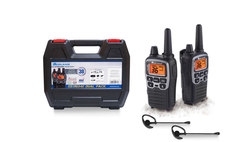 Midland Radio 36 Chl./38 mile w/121 codes w/Batts, DTC and USB Cable Charger, hard shell case, car charger, set of AVP1 headsets, Black/Gun Metal T77VP5