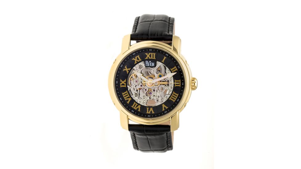 Reign Kahn Automatic Skeleton Dial Leather-Band Watch, Black REIRN4305