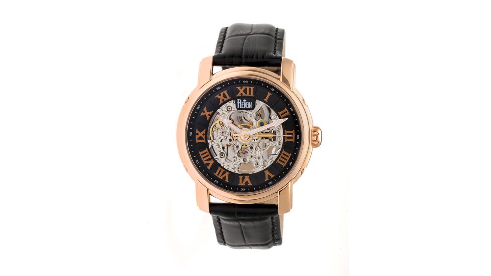 Reign Kahn Automatic Skeleton Dial Leather-Band Watch, Black REIRN4306