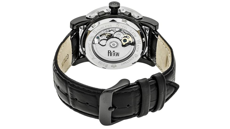 Reign Mens Stavros Automatic Skeleton Dial Crocodile-Embossed Leather Strap Watch Silver Bezel, Black/Circle-shaped Case, Grey/analog Dial, Black Hands REIRN3704