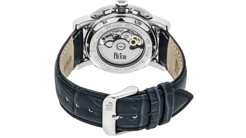 Reign Mens Stavros Automatic Skeleton Dial Crocodile-Embossed Leather Strap Watch Silver Bezel, Silver/Circle-shaped Case, Navy/analog Dial, Silver Hands REIRN3702