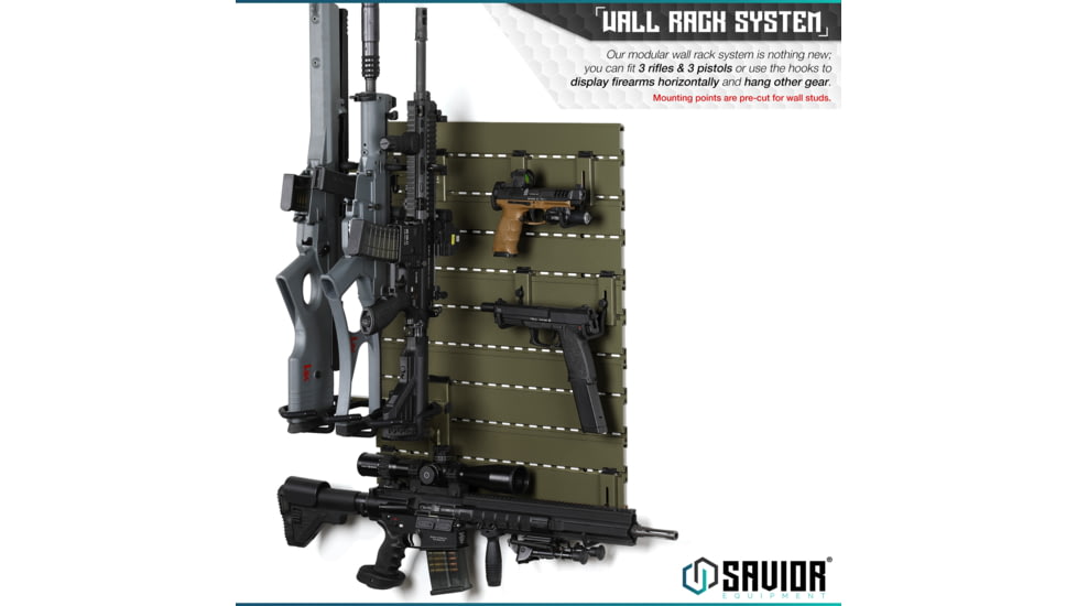 Savior Equipment Wall Rack System 5 Panel Kit w/Attachments, OD Green, 24in x 30.25in x 0.63in, OD Green, 24in x 30.25in x 0.63in, WRS-HALF-A3P6-OG