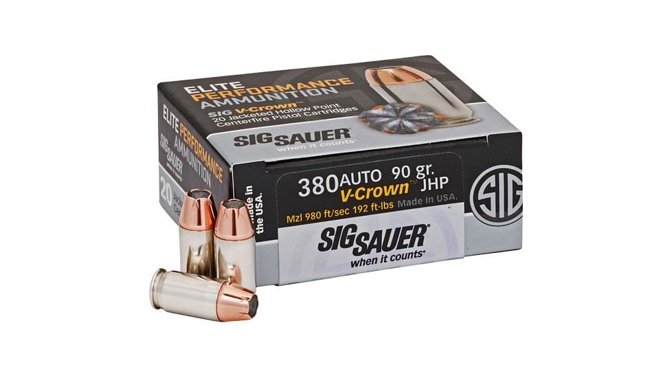 SIG SAUER Elite V-Crown .380 ACP 90 Grain Jacketed Hollow Point Brass Cased Centerfire Pistol Ammo, 20 Rounds, E380A1-20