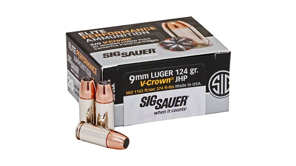 SIG SAUER Elite V-Crown 9mm Luger 124 Grain Jacketed Hollow Point Brass Cased Centerfire Pistol Ammo, 20 Rounds, E9 mmA2-20