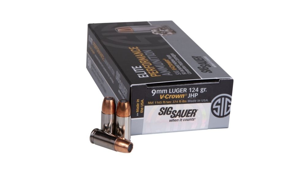 SIG SAUER Elite V-Crown 9mm Luger 124 Grain Jacketed Hollow Point Brass Cased Centerfire Pistol Ammo, 50 Rounds, E9 mmA2-50