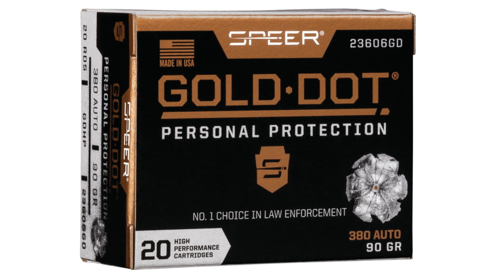 Speer Gold Dot Pistol Ammo, .380 ACP, Gold Dot Hollow Point, 90 grain, 20 Rounds, 23606GD