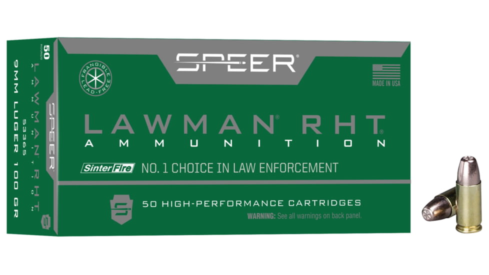 Speer Lawman RHT 9 mm Luger 100 Grain Frangible Brass Cased Centerfire Pistol Ammo, 50 Rounds, 53365