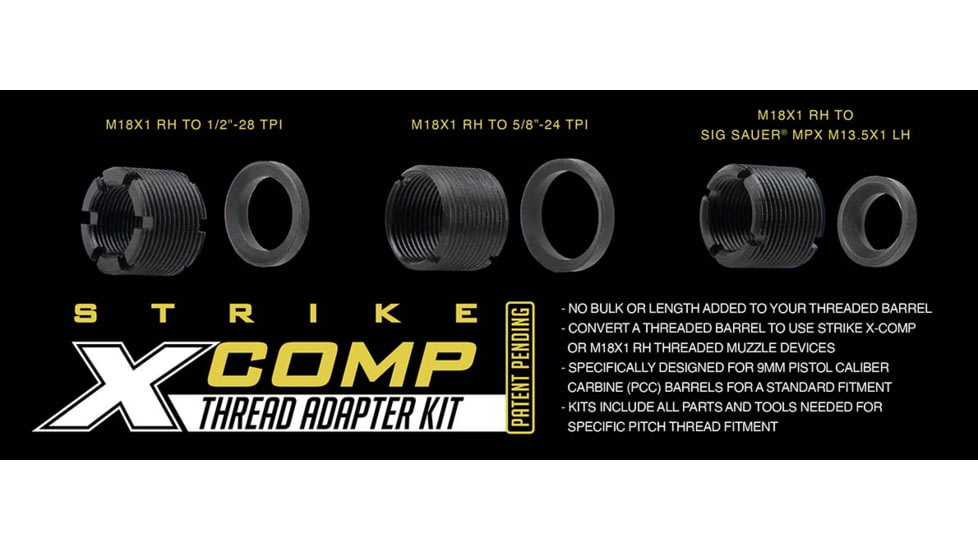Strike Industries Strike X-Comp Thread Adapter Kit for M18x1 RH, 1/2 in-28 TPI, Black, One Size, SI-XCOMP-ADA-1/2-28